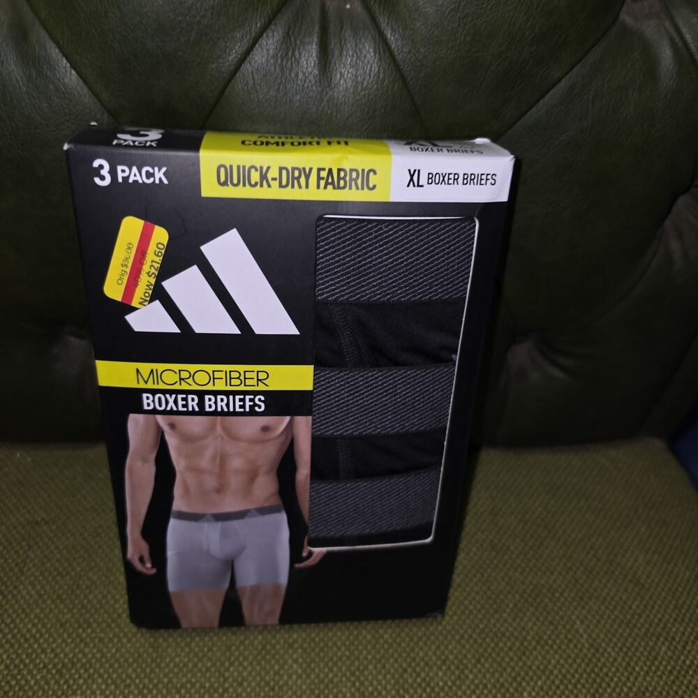 Adidas 3 pack Microfiber Boxer Briefs Quick Dry Fabric X-Large NWT All Black